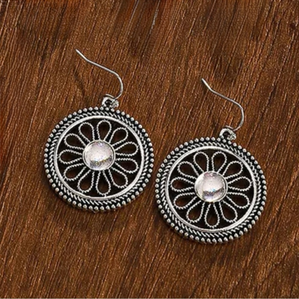 Silver Round Crystal Center Flower Drop Boho Earrings - Picture 2 of 3